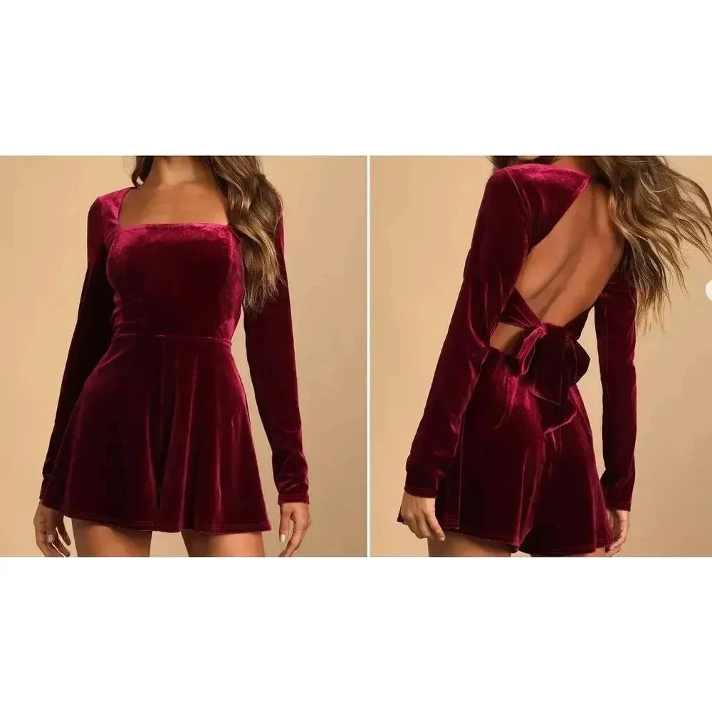NWT LULUS Feeling Cheery Burgundy Velvet Long Sleeve Romper Whimsygoth Size L